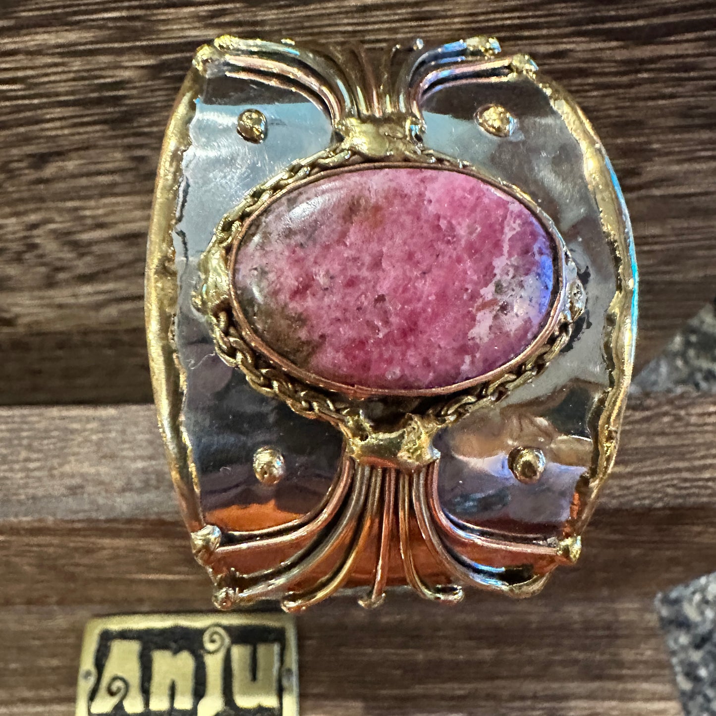 Artisan-Made 2-Inch Adjustable Cuff Bracelet with Rhodonite Pink Gemstone and Mixed Metals, Gift-Ready Box Included