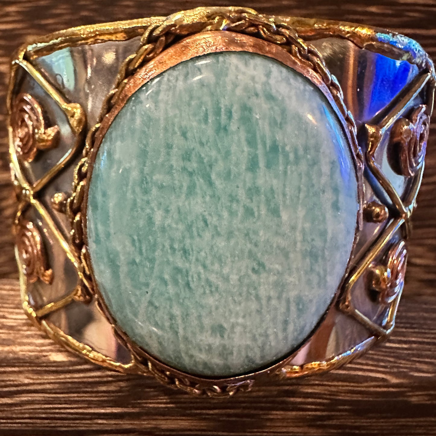 Artisan-Made Adjustable Cuff Bracelet with Amazonite Green Stone and Mixed Metals, Gift-Ready Packaging