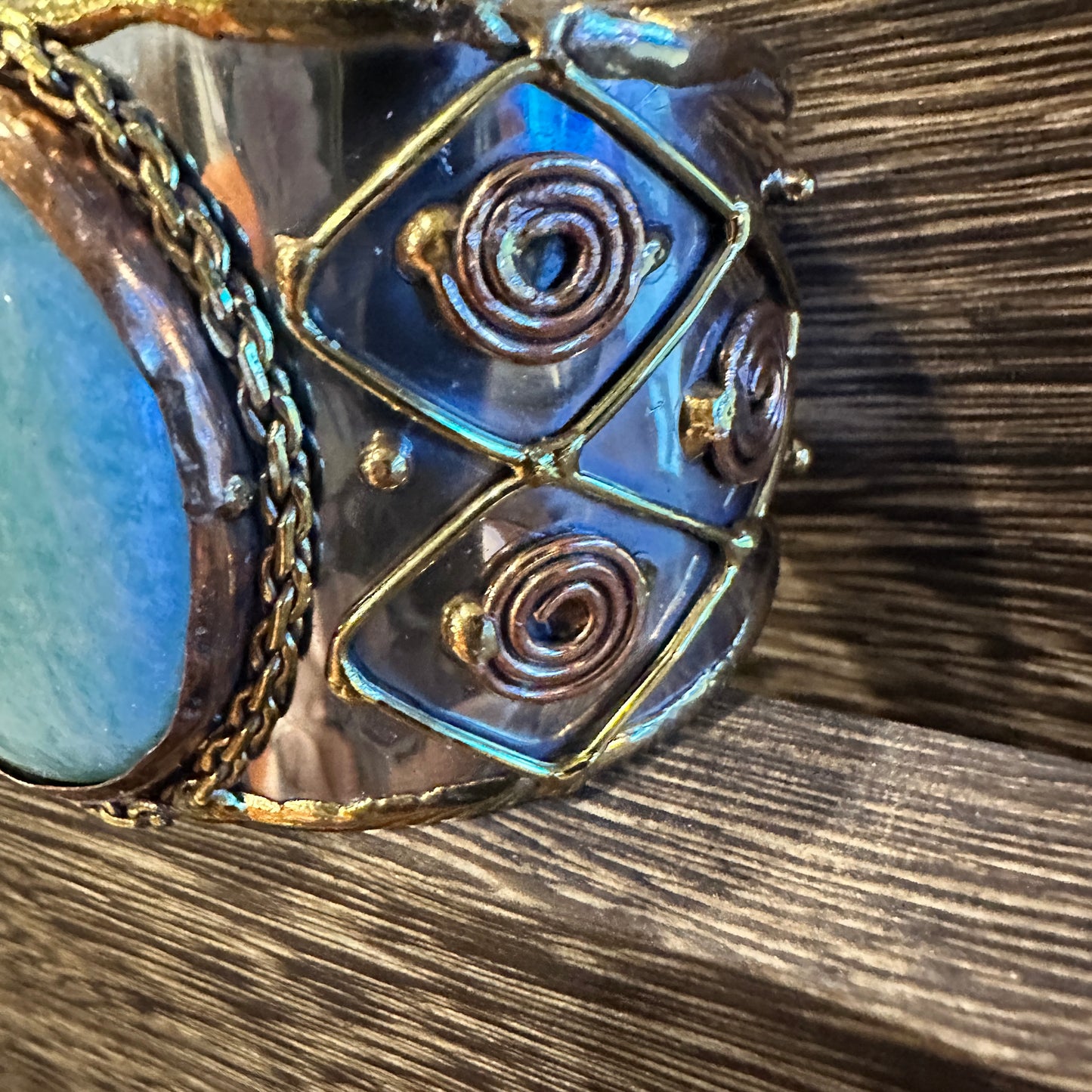 Artisan-Made Adjustable Cuff Bracelet with Amazonite Green Stone and Mixed Metals, Gift-Ready Packaging