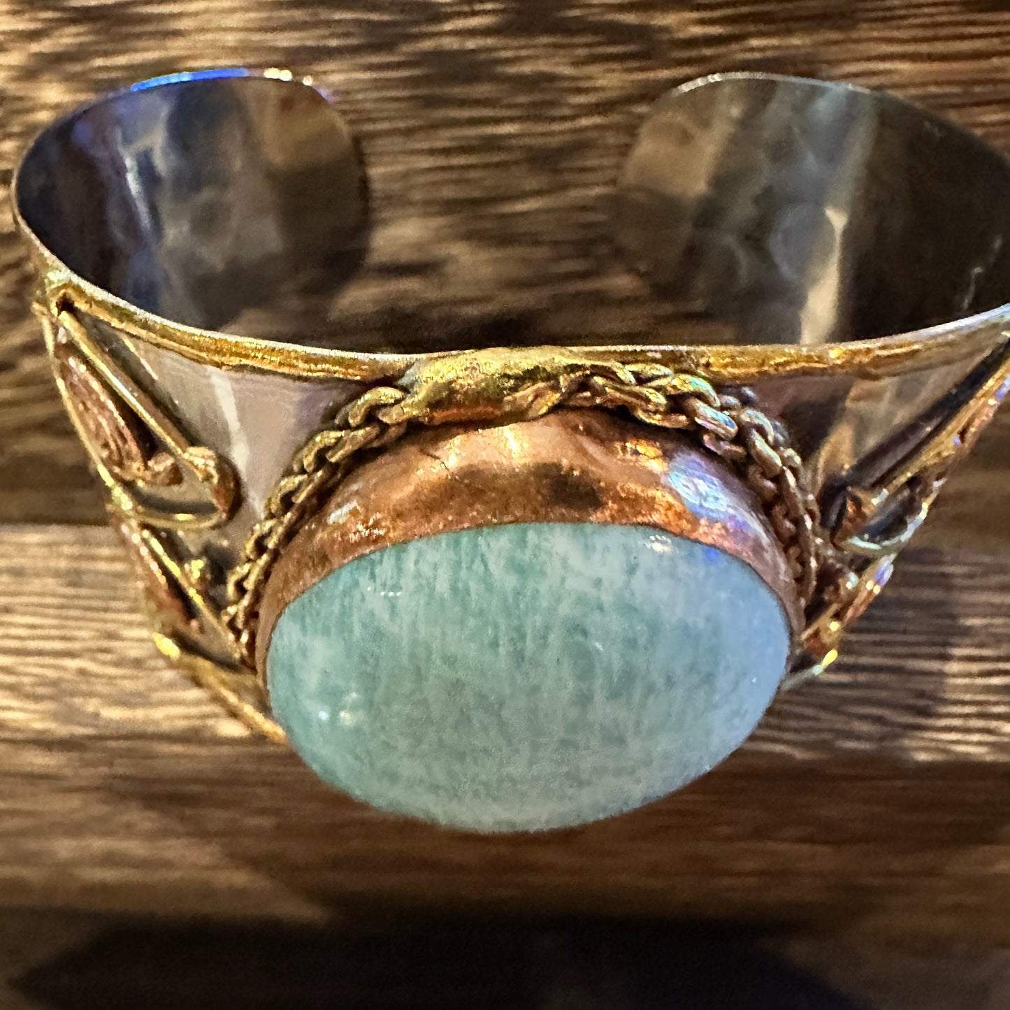 Artisan-Made Adjustable Cuff Bracelet with Amazonite Green Stone and Mixed Metals, Gift-Ready Packaging
