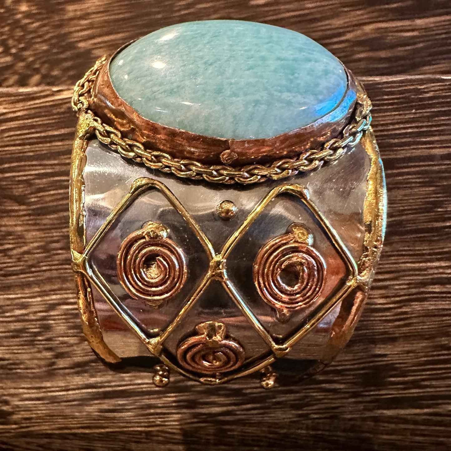 Artisan-Made Adjustable Cuff Bracelet with Amazonite Green Stone and Mixed Metals, Gift-Ready Packaging