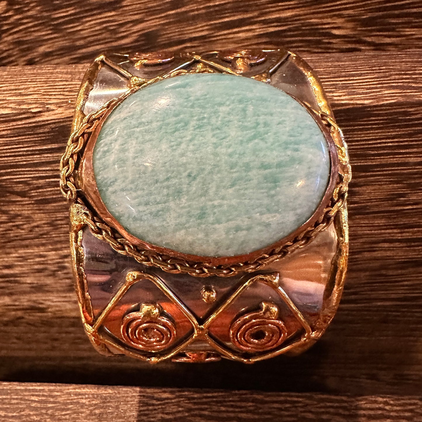 Artisan-Made Adjustable Cuff Bracelet with Amazonite Green Stone and Mixed Metals, Gift-Ready Packaging
