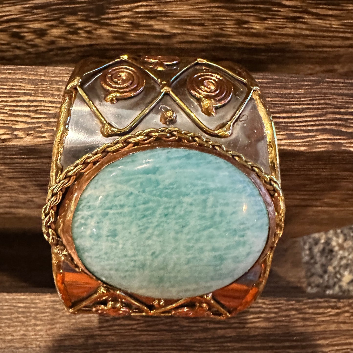 Artisan-Made Adjustable Cuff Bracelet with Amazonite Green Stone and Mixed Metals, Gift-Ready Packaging