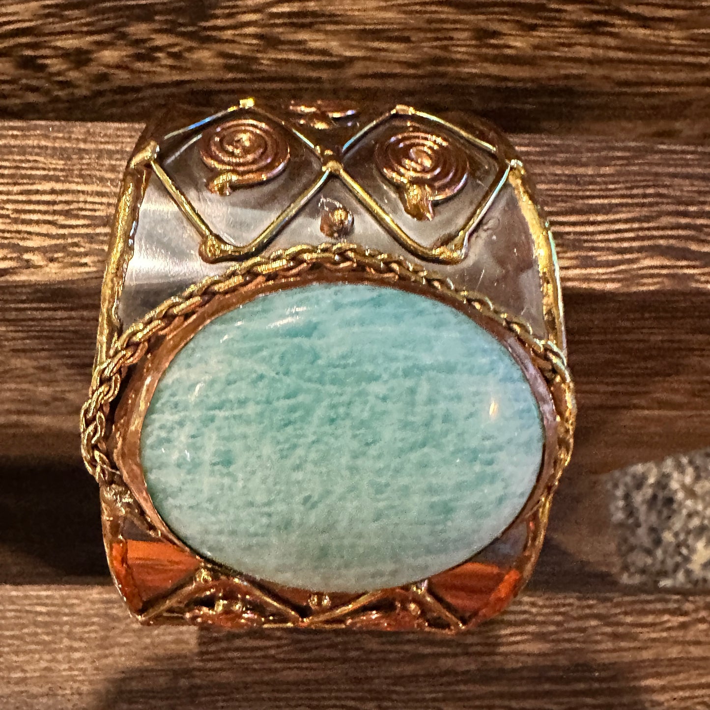 Artisan-Made Adjustable Cuff Bracelet with Amazonite Green Stone and Mixed Metals, Gift-Ready Packaging