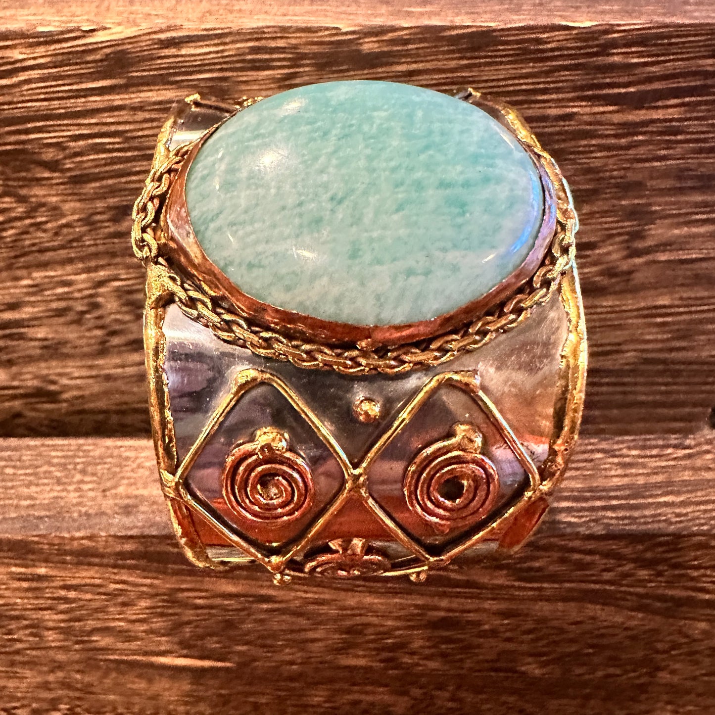 Artisan-Made Adjustable Cuff Bracelet with Amazonite Green Stone and Mixed Metals, Gift-Ready Packaging