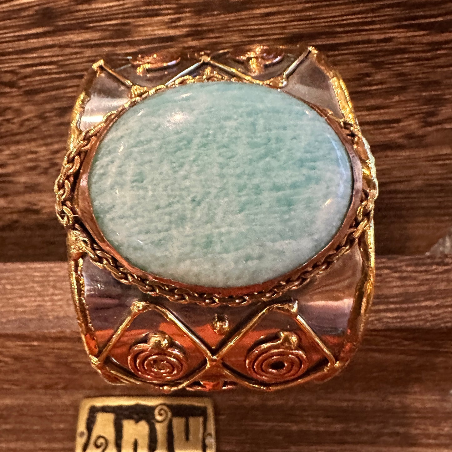 Artisan-Made Adjustable Cuff Bracelet with Amazonite Green Stone and Mixed Metals, Gift-Ready Packaging
