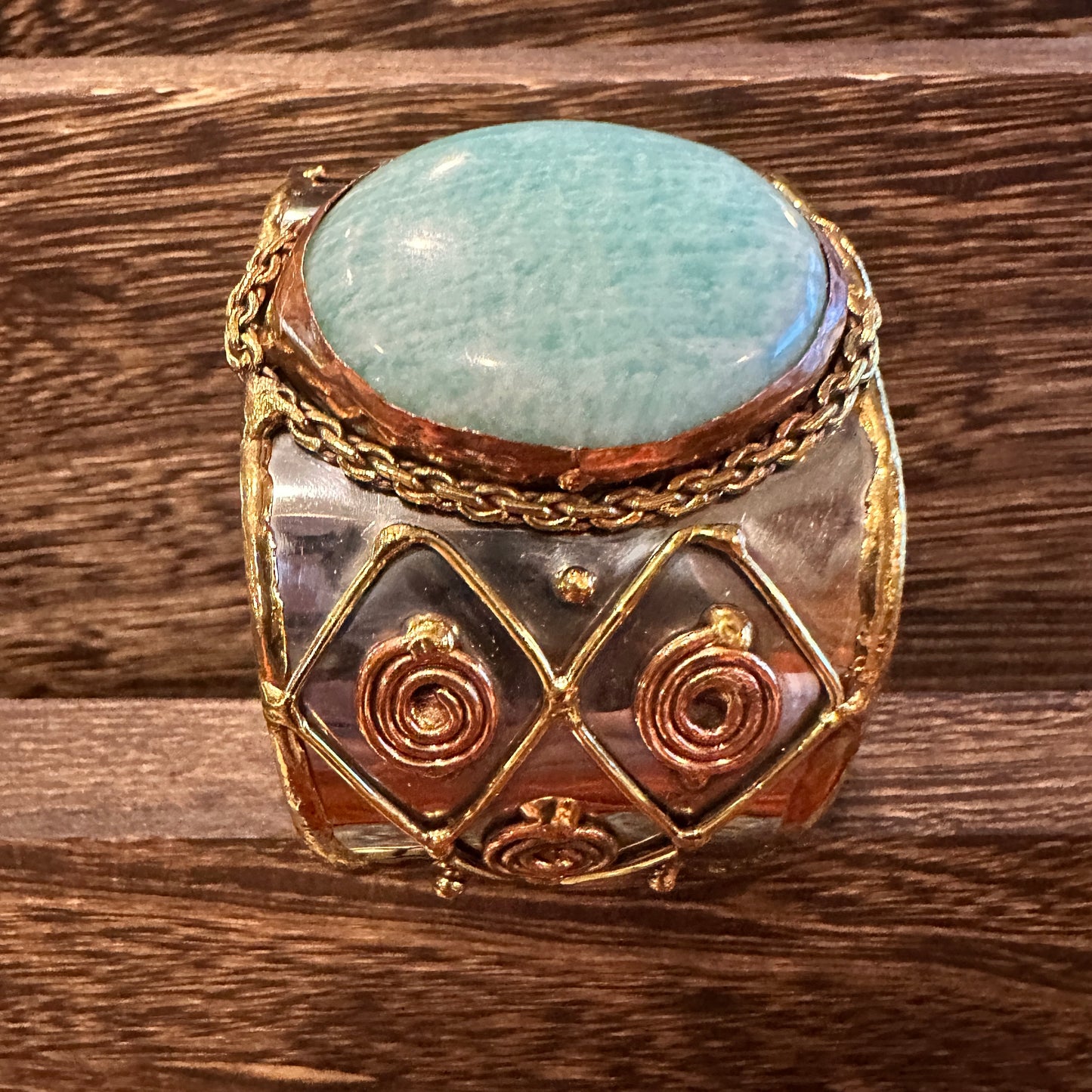 Artisan-Made Adjustable Cuff Bracelet with Amazonite Green Stone and Mixed Metals, Gift-Ready Packaging