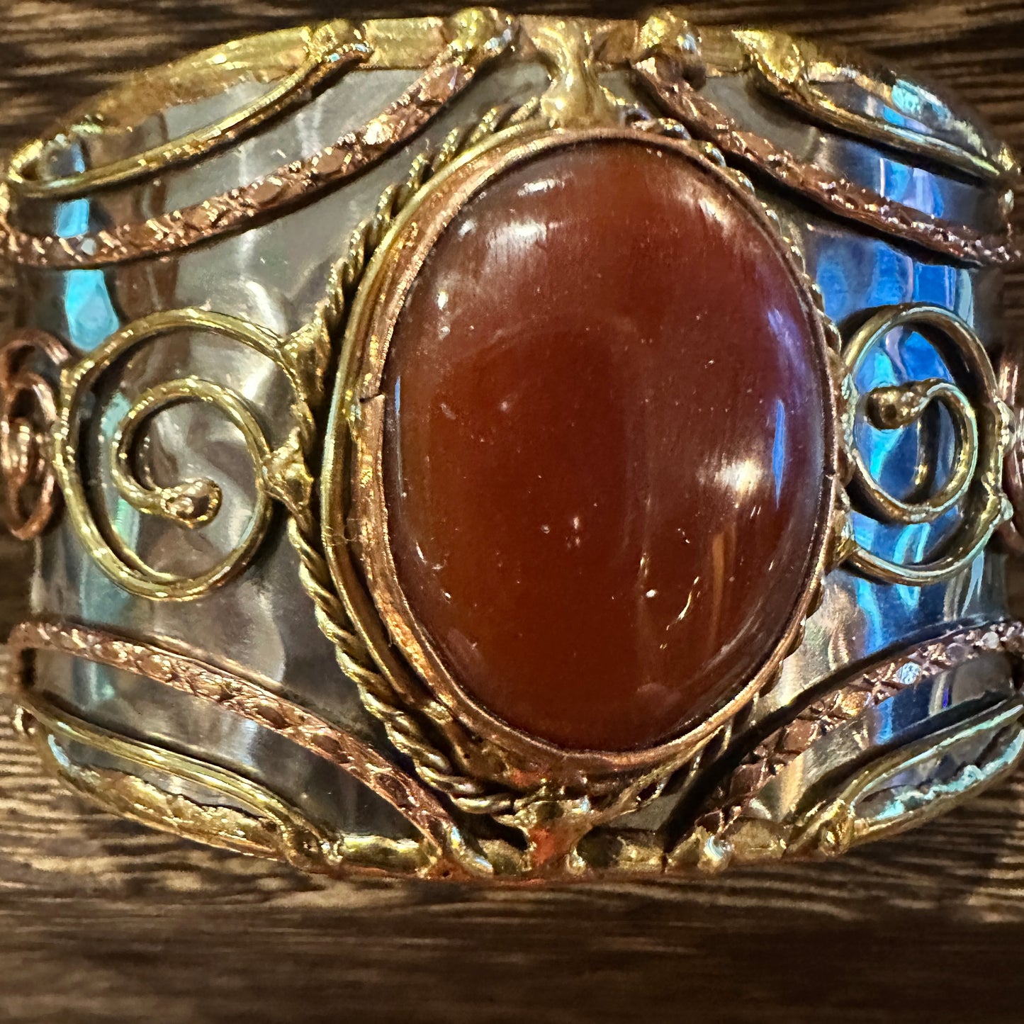 Elegant Adjustable Cuff Bracelet with Red Onyx and Mixed Metals, Gift-Ready Boxed