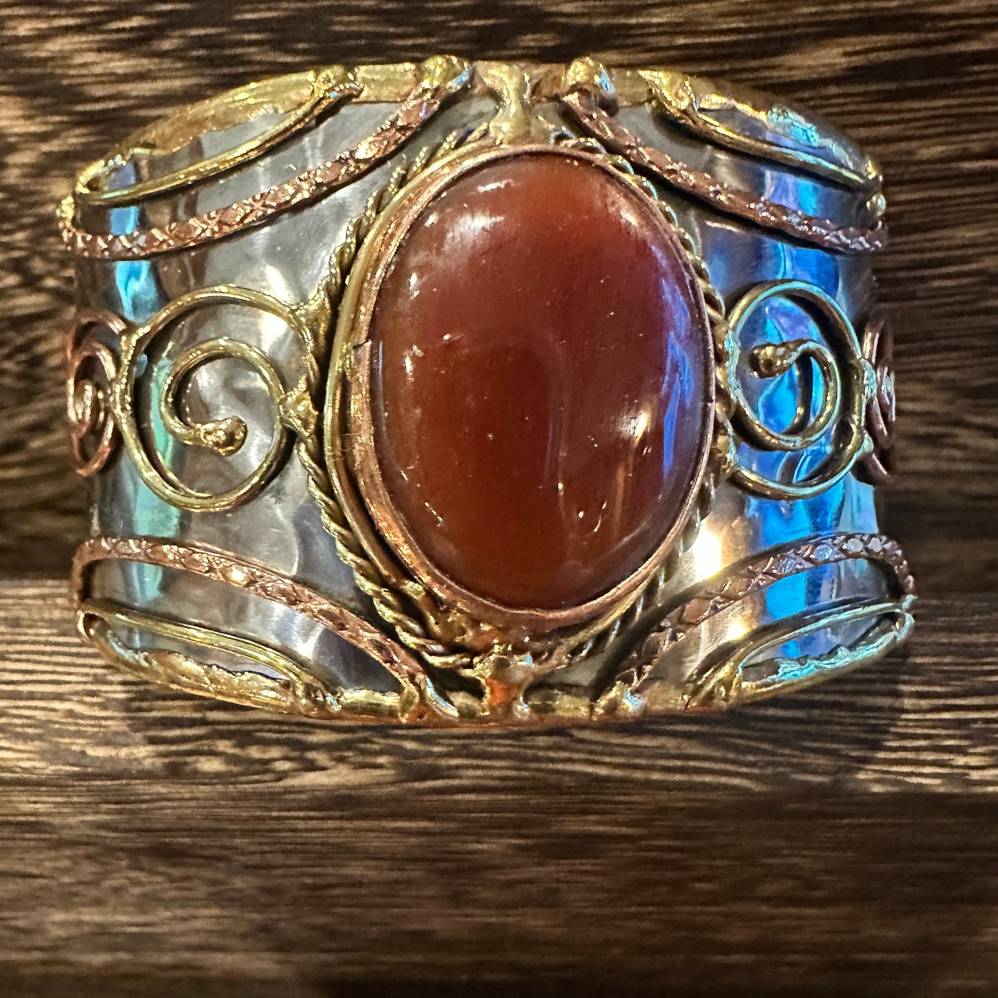 Elegant Adjustable Cuff Bracelet with Red Onyx and Mixed Metals, Gift-Ready Boxed
