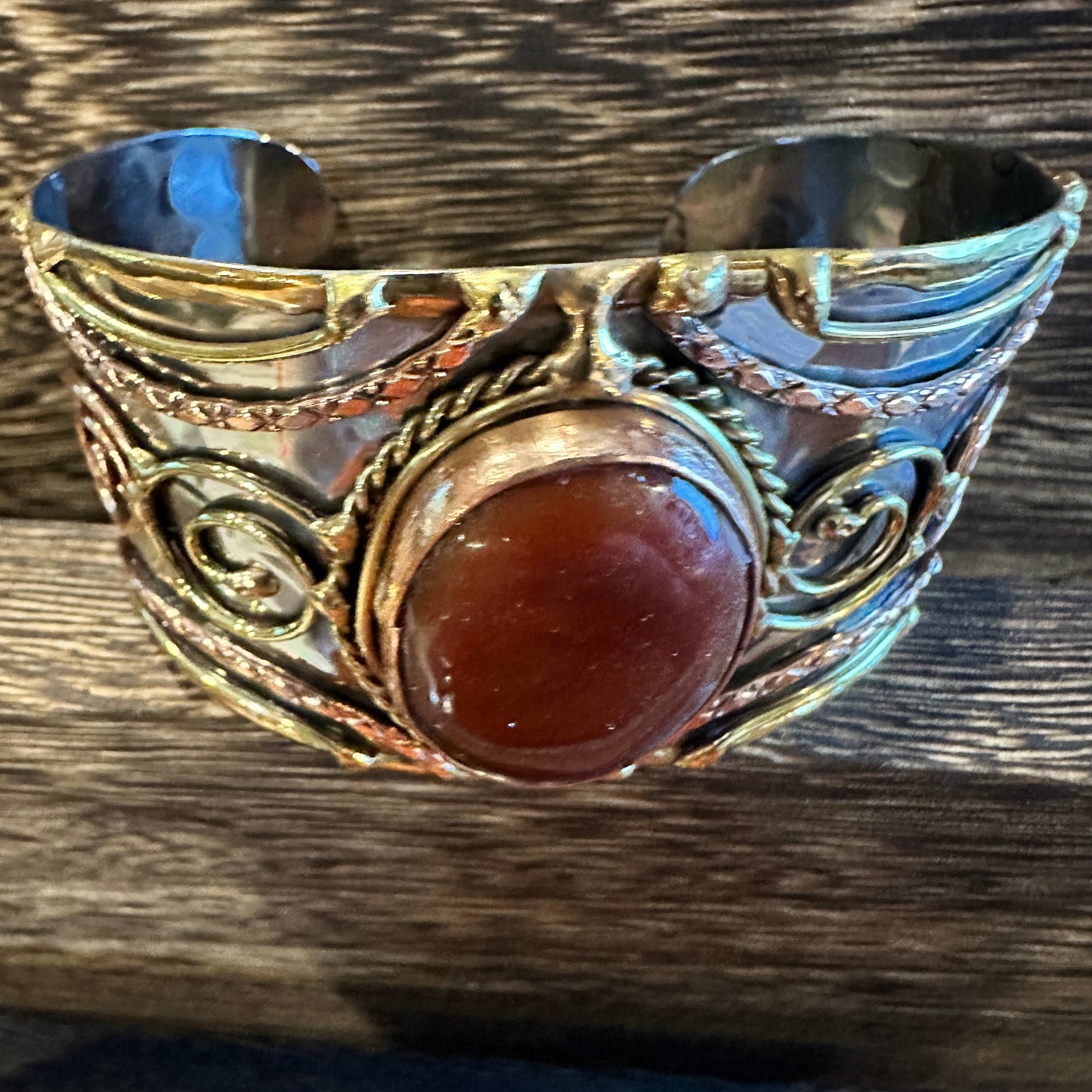 Elegant Adjustable Cuff Bracelet with Red Onyx and Mixed Metals, Gift-Ready Boxed
