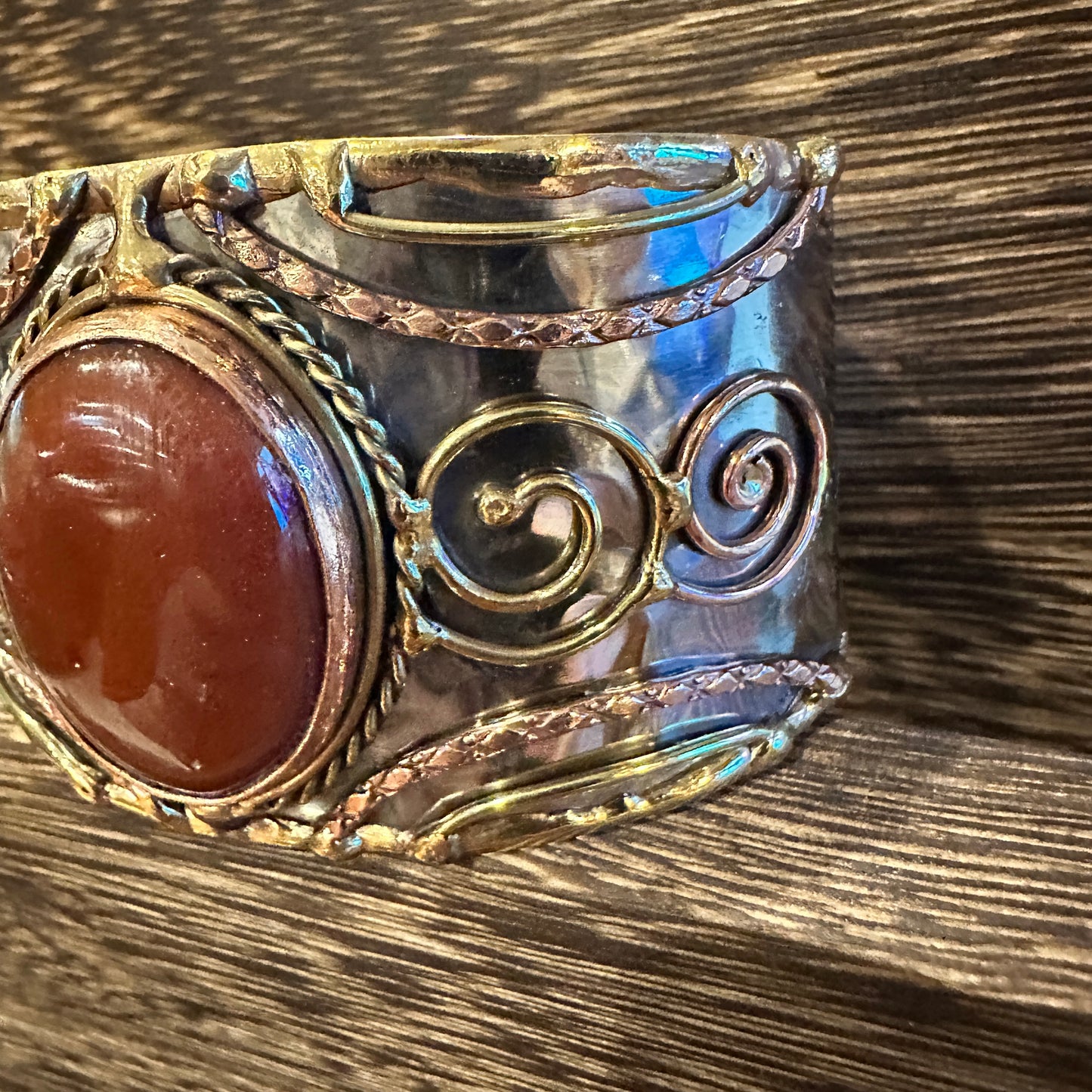 Elegant Adjustable Cuff Bracelet with Red Onyx and Mixed Metals, Gift-Ready Boxed