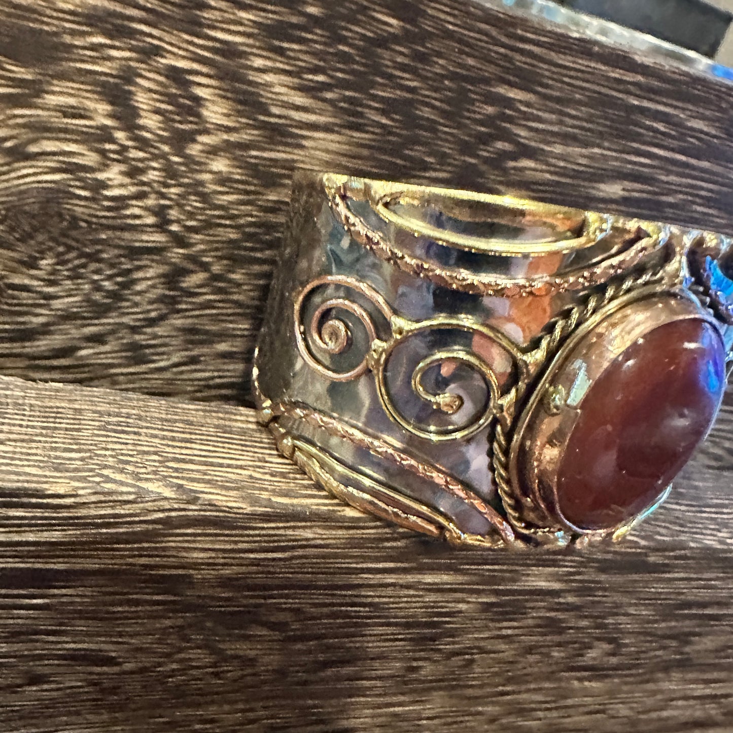 Elegant Adjustable Cuff Bracelet with Red Onyx and Mixed Metals, Gift-Ready Boxed