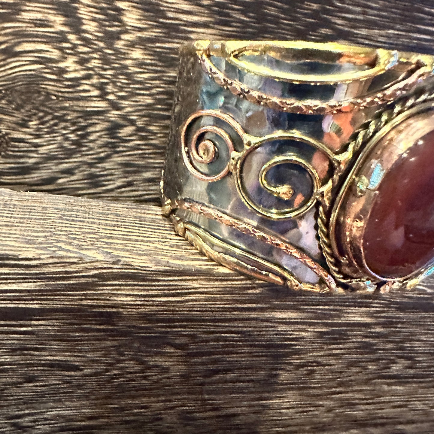 Elegant Adjustable Cuff Bracelet with Red Onyx and Mixed Metals, Gift-Ready Boxed