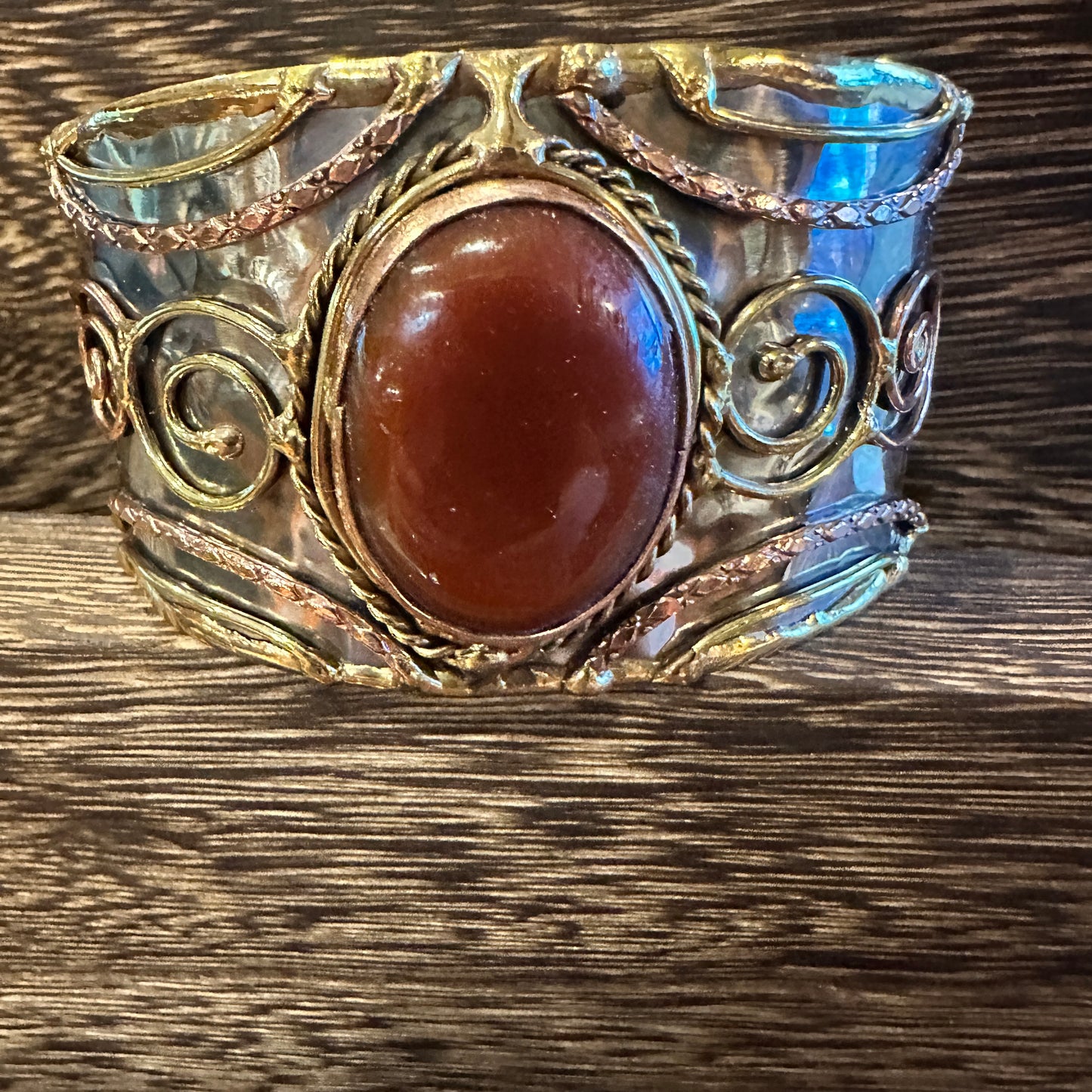Elegant Adjustable Cuff Bracelet with Red Onyx and Mixed Metals, Gift-Ready Boxed