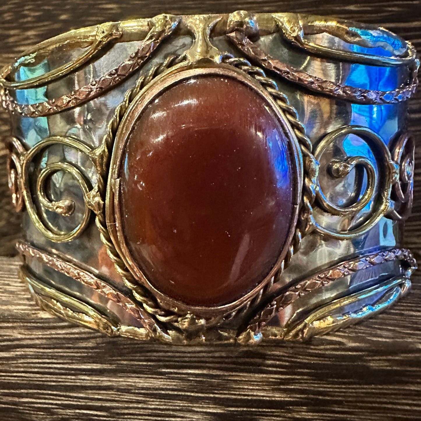Elegant Adjustable Cuff Bracelet with Red Onyx and Mixed Metals, Gift-Ready Boxed