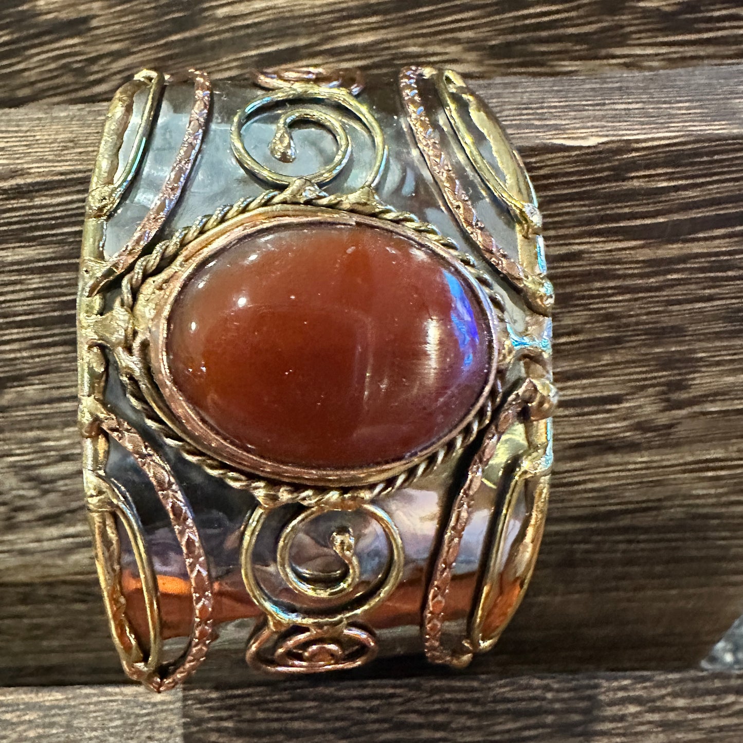 Elegant Adjustable Cuff Bracelet with Red Onyx and Mixed Metals, Gift-Ready Boxed