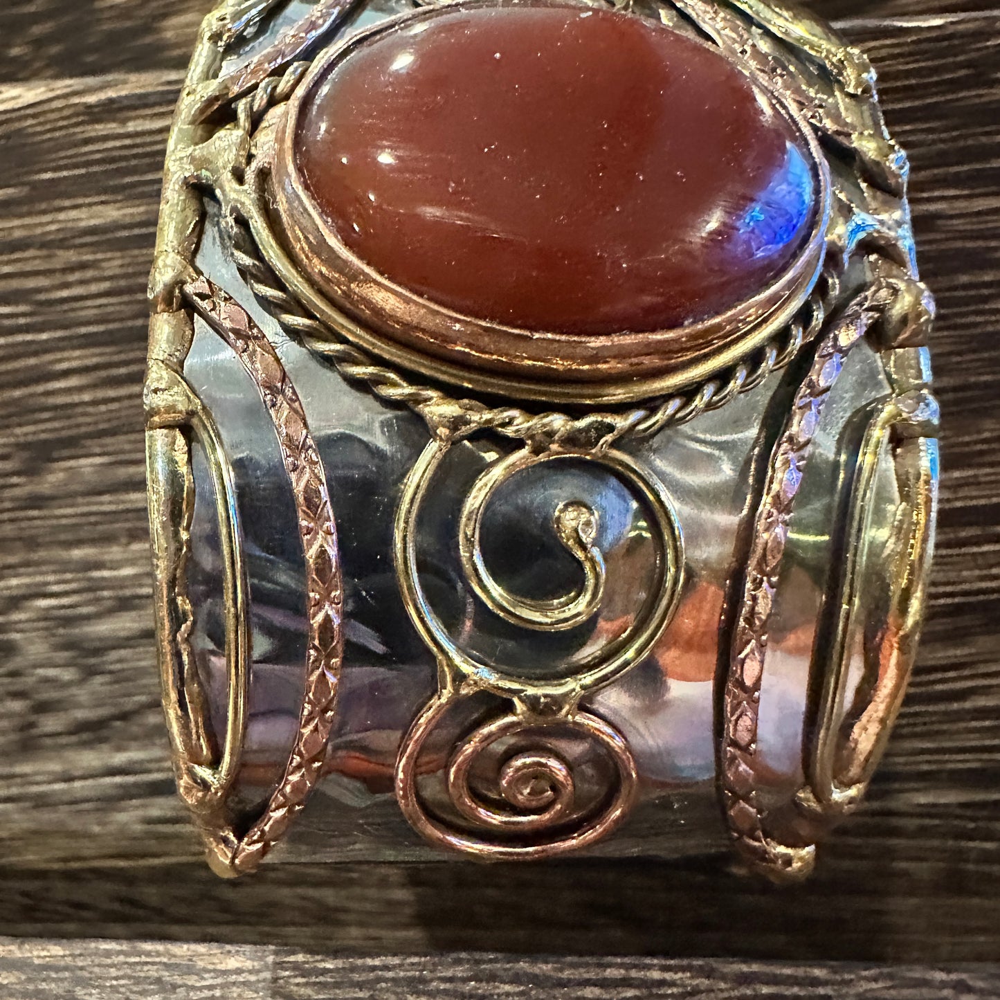 Elegant Adjustable Cuff Bracelet with Red Onyx and Mixed Metals, Gift-Ready Boxed