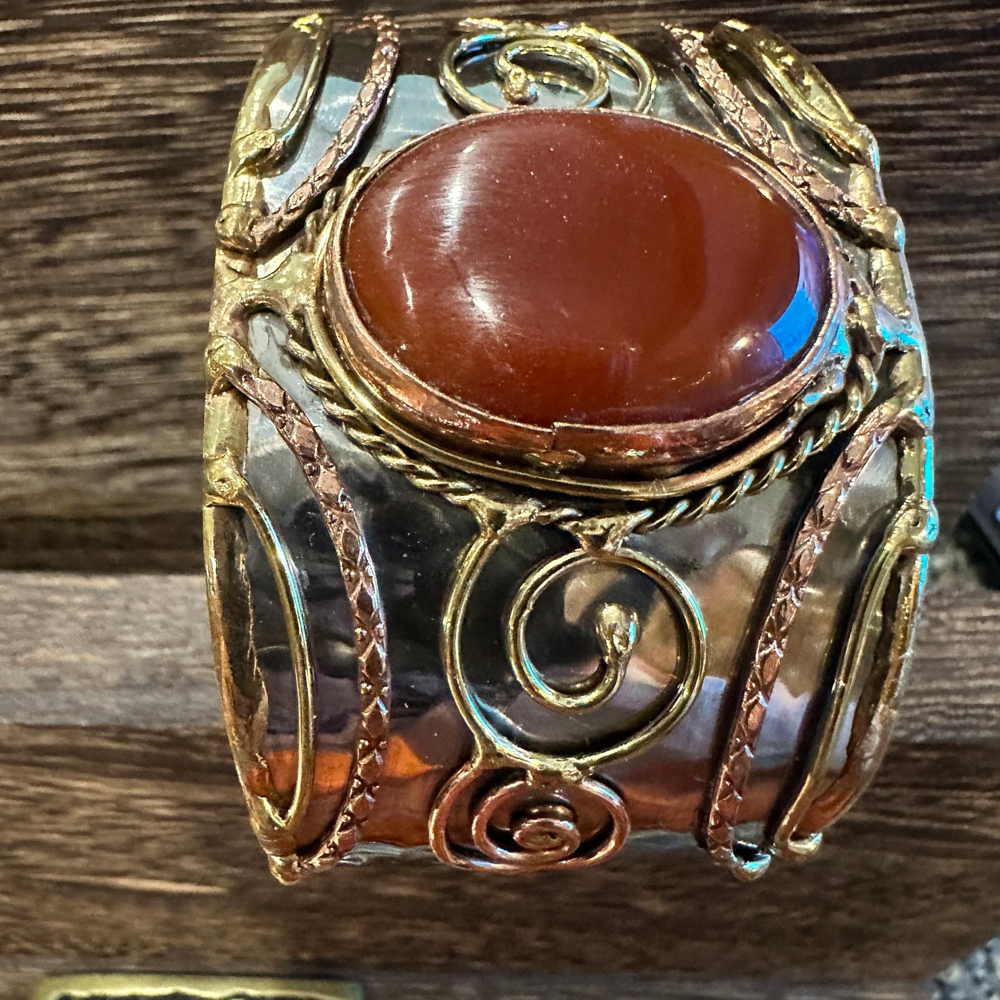 Elegant Adjustable Cuff Bracelet with Red Onyx and Mixed Metals, Gift-Ready Boxed