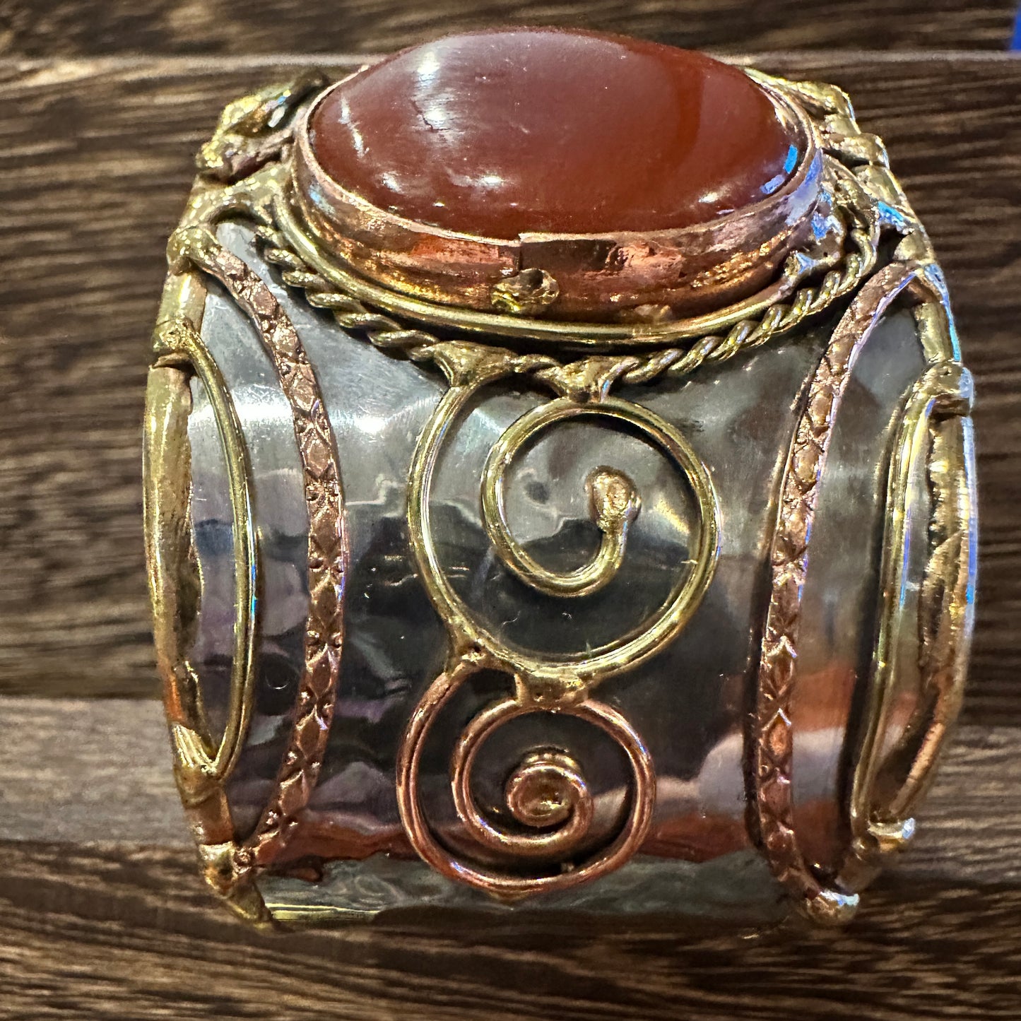Elegant Adjustable Cuff Bracelet with Red Onyx and Mixed Metals, Gift-Ready Boxed