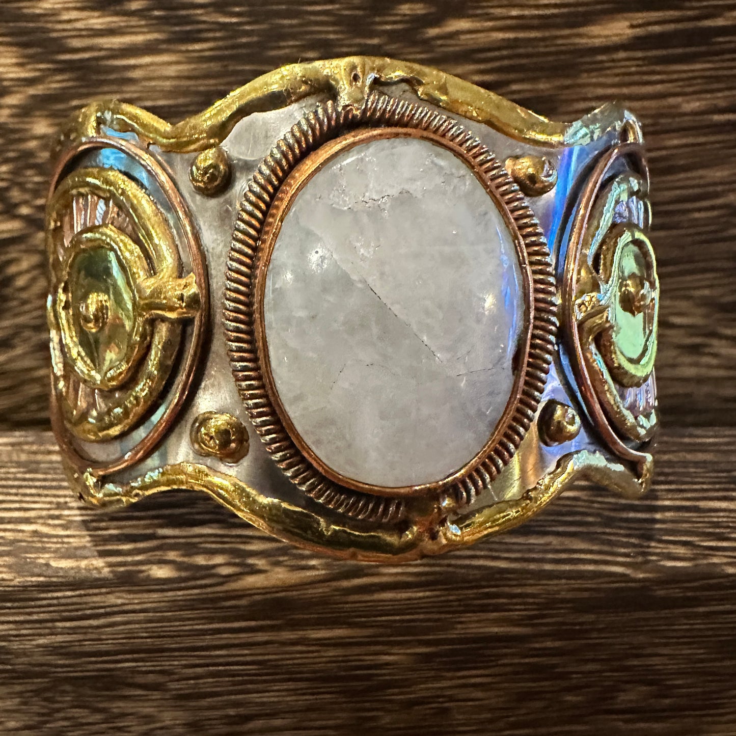 Artisan-Made 2-Inch Wide Cuff Bracelet with White Moonstone and Mixed Metals, Adjustable, Gift-Ready Box