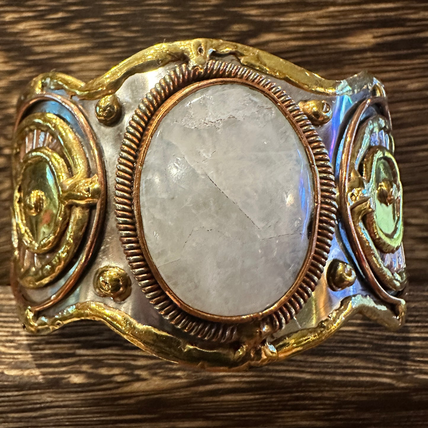 Artisan-Made 2-Inch Wide Cuff Bracelet with White Moonstone and Mixed Metals, Adjustable, Gift-Ready Box