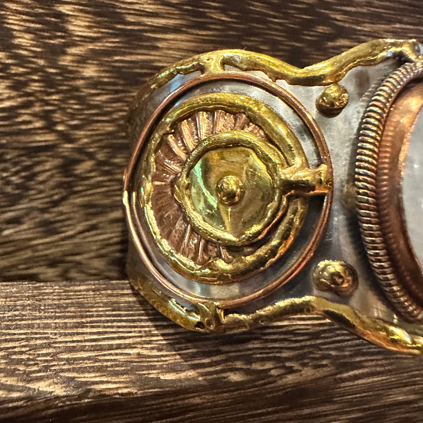 Artisan-Made 2-Inch Wide Cuff Bracelet with White Moonstone and Mixed Metals, Adjustable, Gift-Ready Box