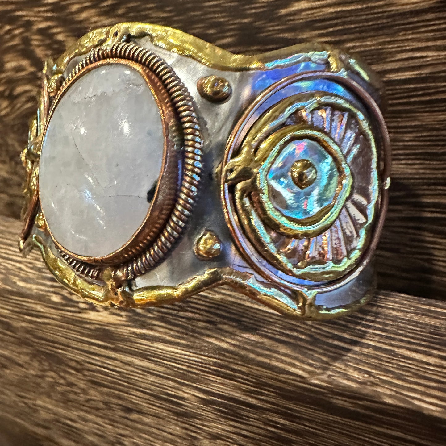 Artisan-Made 2-Inch Wide Cuff Bracelet with White Moonstone and Mixed Metals, Adjustable, Gift-Ready Box