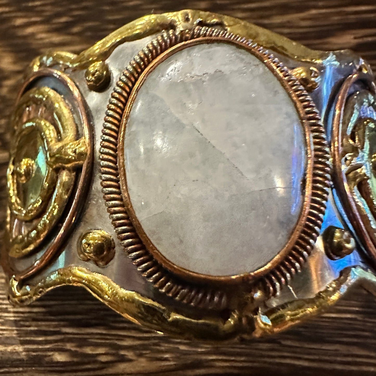 Artisan-Made 2-Inch Wide Cuff Bracelet with White Moonstone and Mixed Metals, Adjustable, Gift-Ready Box