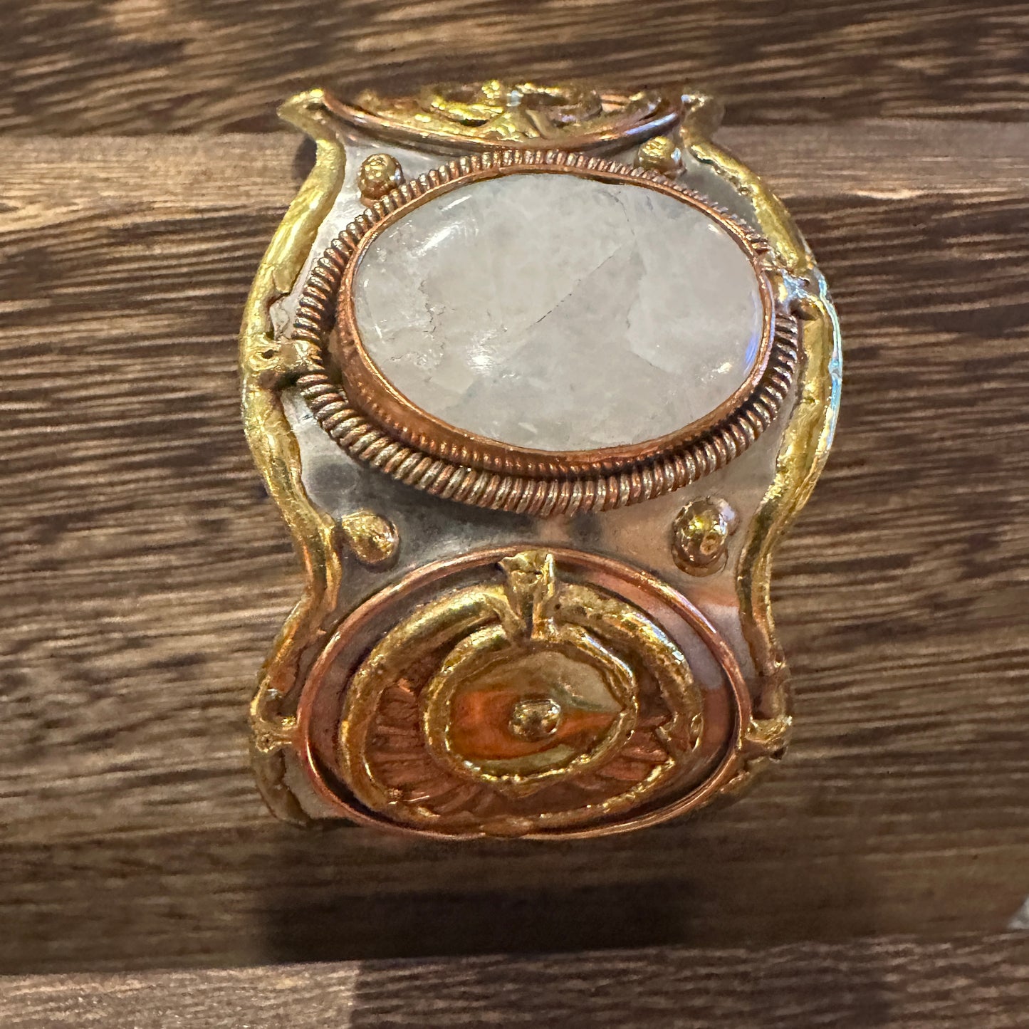 Artisan-Made 2-Inch Wide Cuff Bracelet with White Moonstone and Mixed Metals, Adjustable, Gift-Ready Box