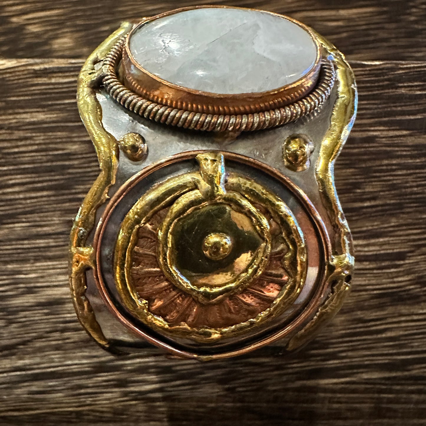 Artisan-Made 2-Inch Wide Cuff Bracelet with White Moonstone and Mixed Metals, Adjustable, Gift-Ready Box