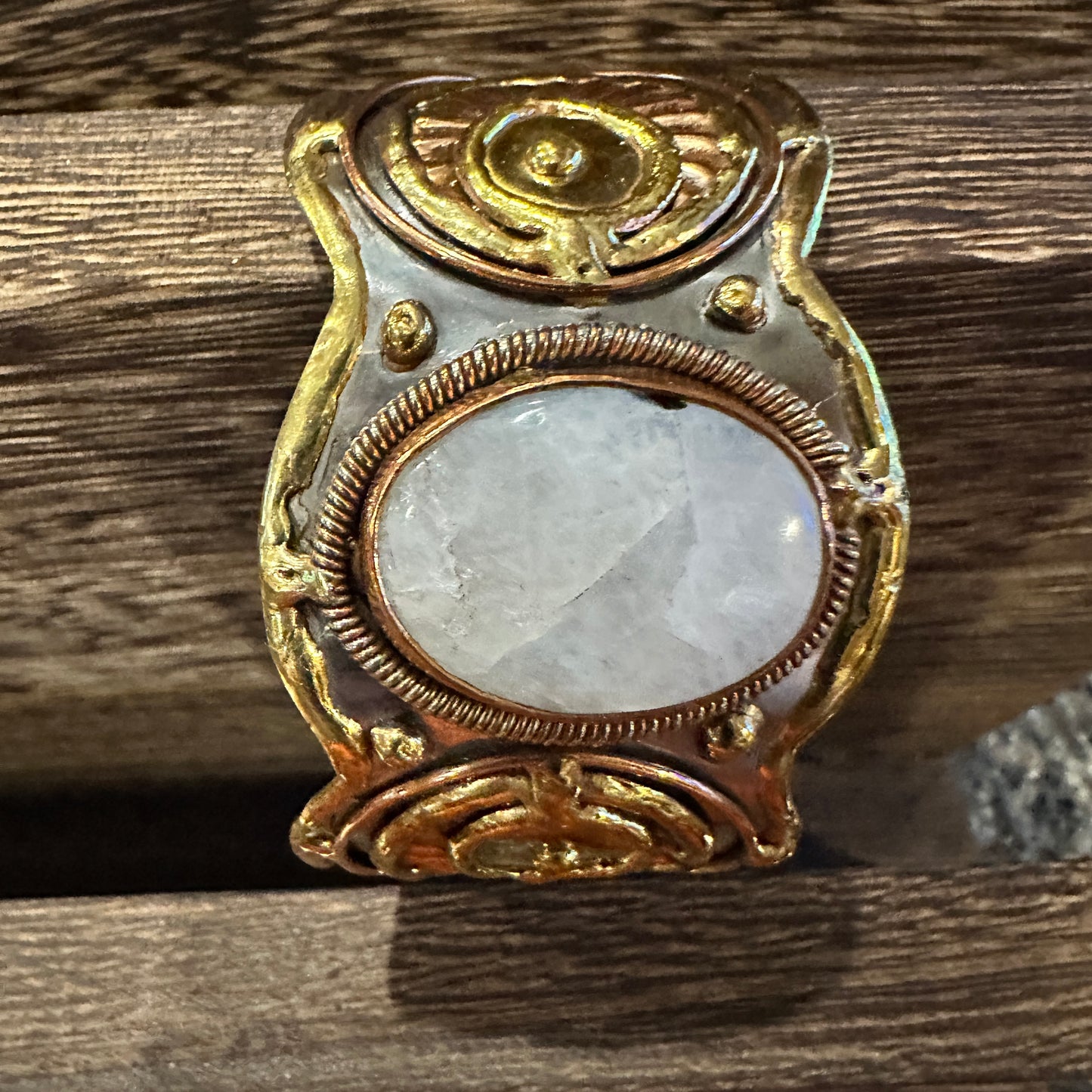 Artisan-Made 2-Inch Wide Cuff Bracelet with White Moonstone and Mixed Metals, Adjustable, Gift-Ready Box