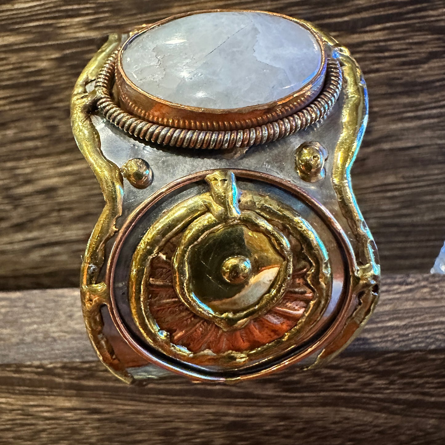 Artisan-Made 2-Inch Wide Cuff Bracelet with White Moonstone and Mixed Metals, Adjustable, Gift-Ready Box
