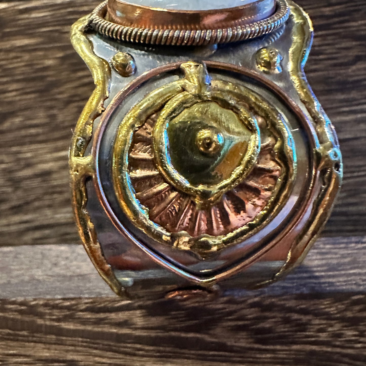 Artisan-Made 2-Inch Wide Cuff Bracelet with White Moonstone and Mixed Metals, Adjustable, Gift-Ready Box