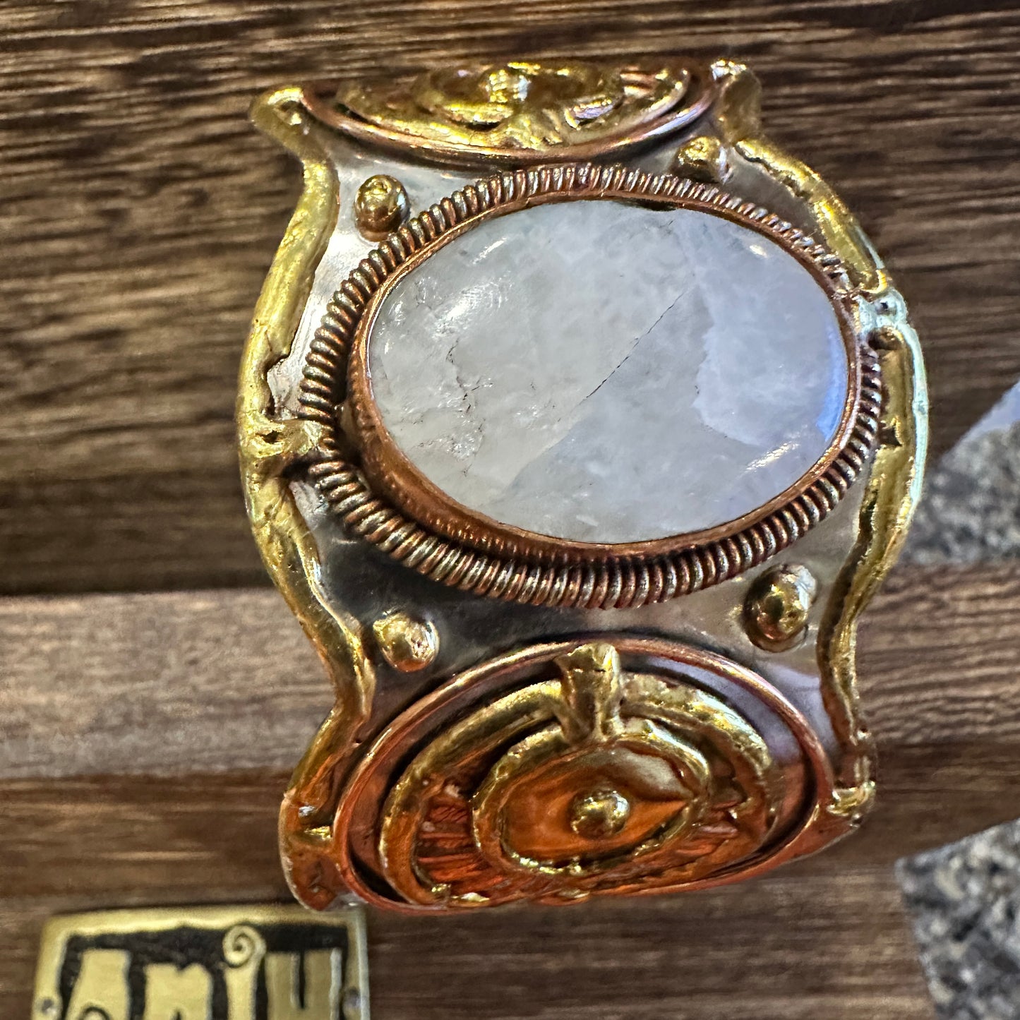 Artisan-Made 2-Inch Wide Cuff Bracelet with White Moonstone and Mixed Metals, Adjustable, Gift-Ready Box