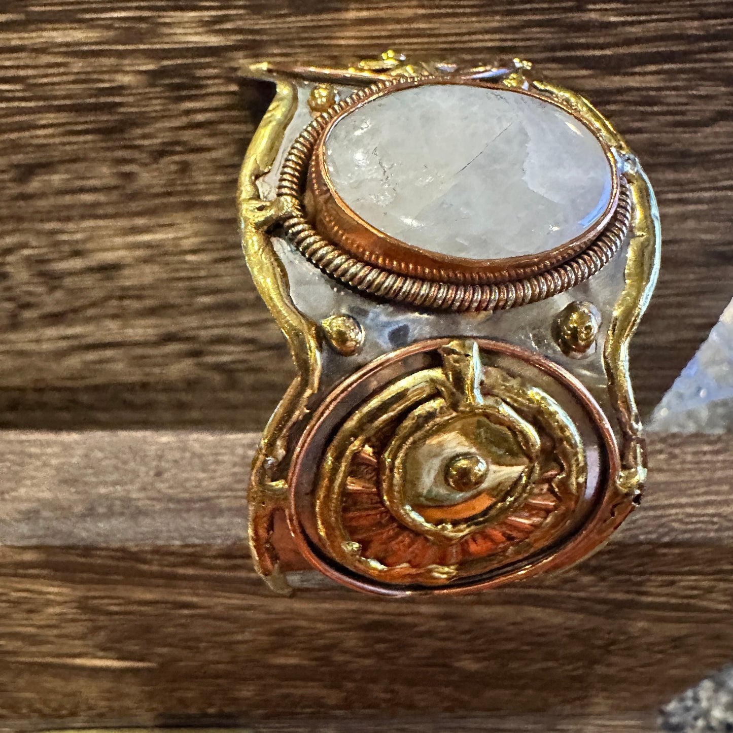 Artisan-Made 2-Inch Wide Cuff Bracelet with White Moonstone and Mixed Metals, Adjustable, Gift-Ready Box