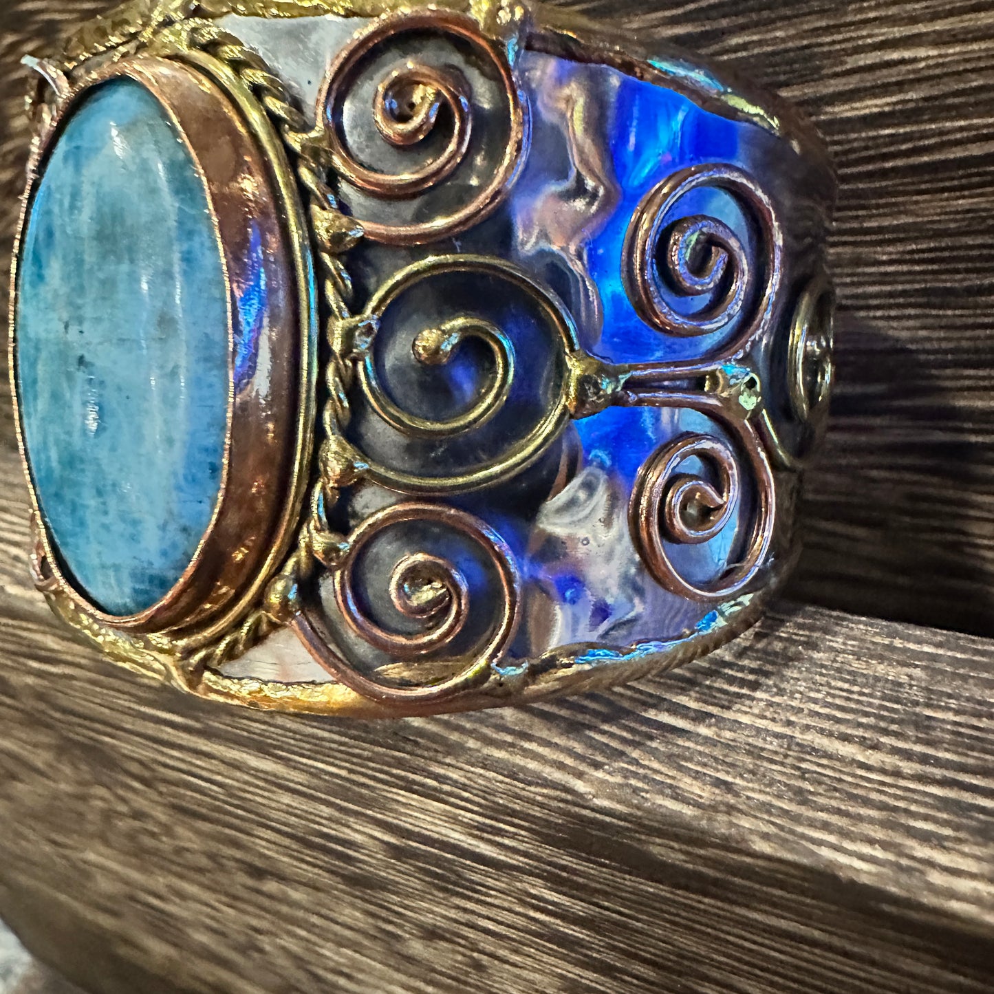 Artisan-Made 2-inch Wide Cuff Bracelet with Apatite Stone and Mixed Metals, Adjustable Design, Gift-Ready Packaging