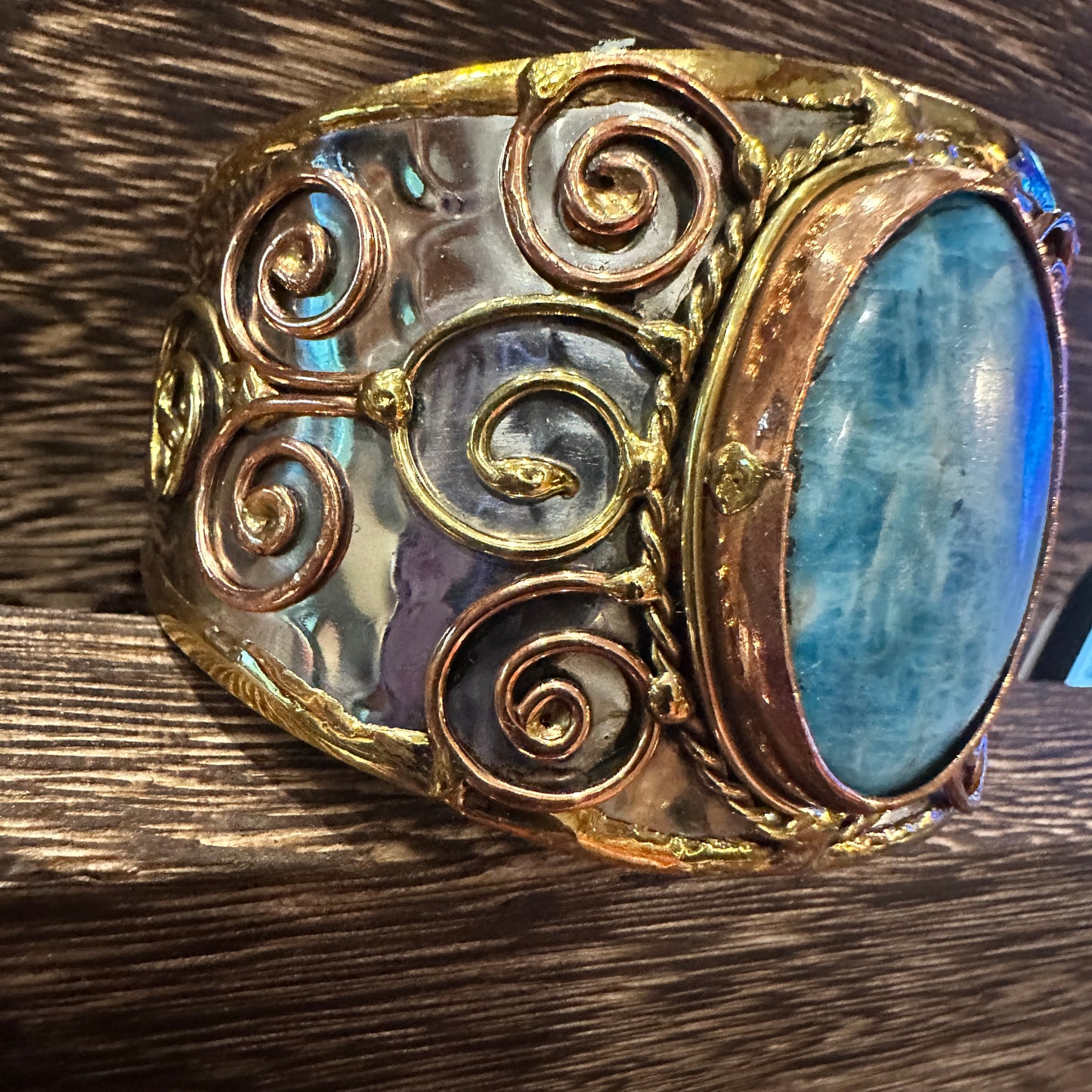 Artisan-Made 2-inch Wide Cuff Bracelet with Apatite Stone and Mixed Metals, Adjustable Design, Gift-Ready Packaging