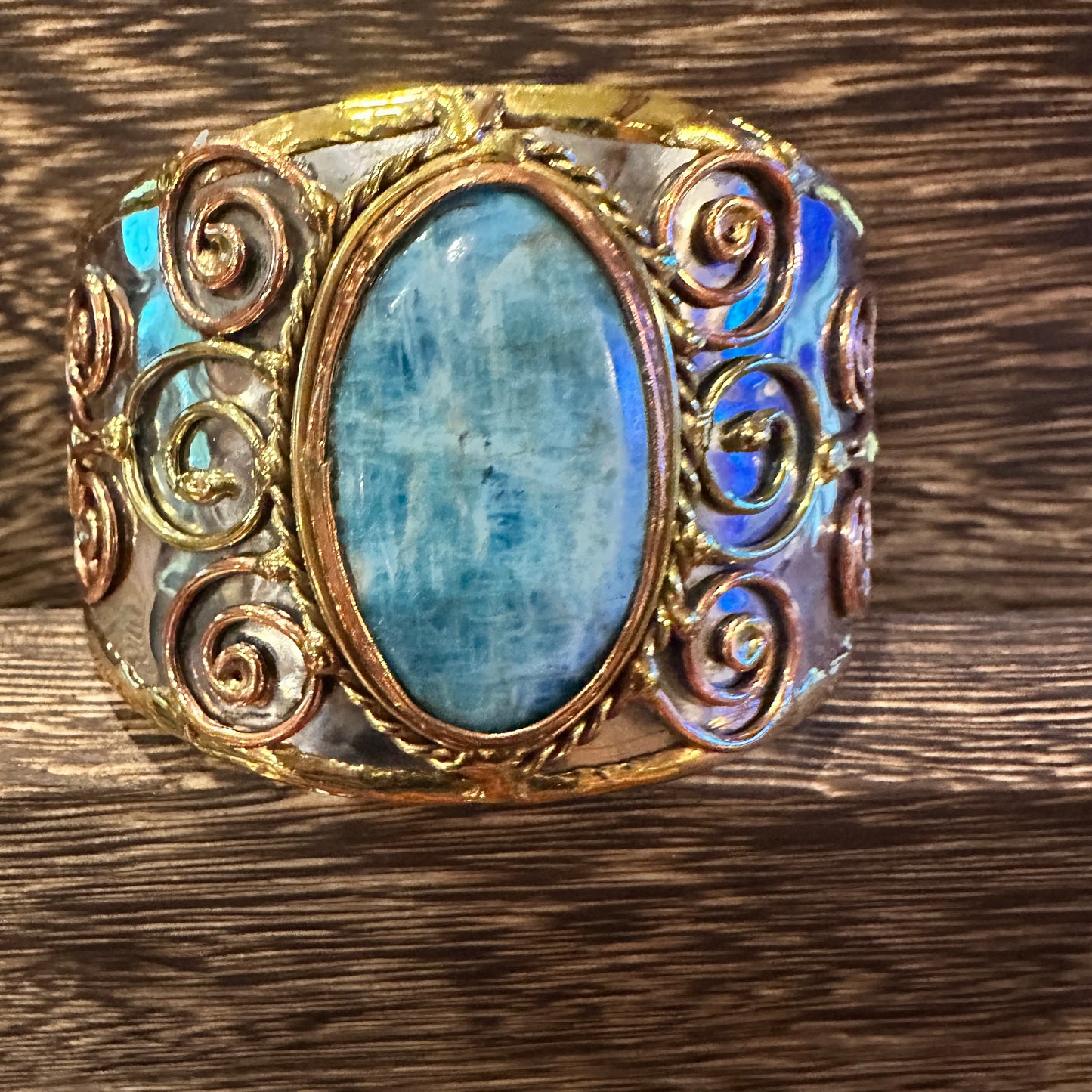 Artisan-Made 2-inch Wide Cuff Bracelet with Apatite Stone and Mixed Metals, Adjustable Design, Gift-Ready Packaging