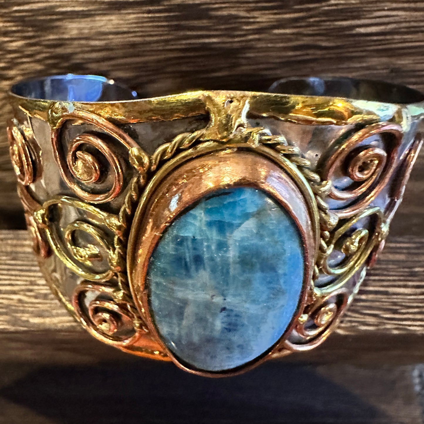 Artisan-Made 2-inch Wide Cuff Bracelet with Apatite Stone and Mixed Metals, Adjustable Design, Gift-Ready Packaging