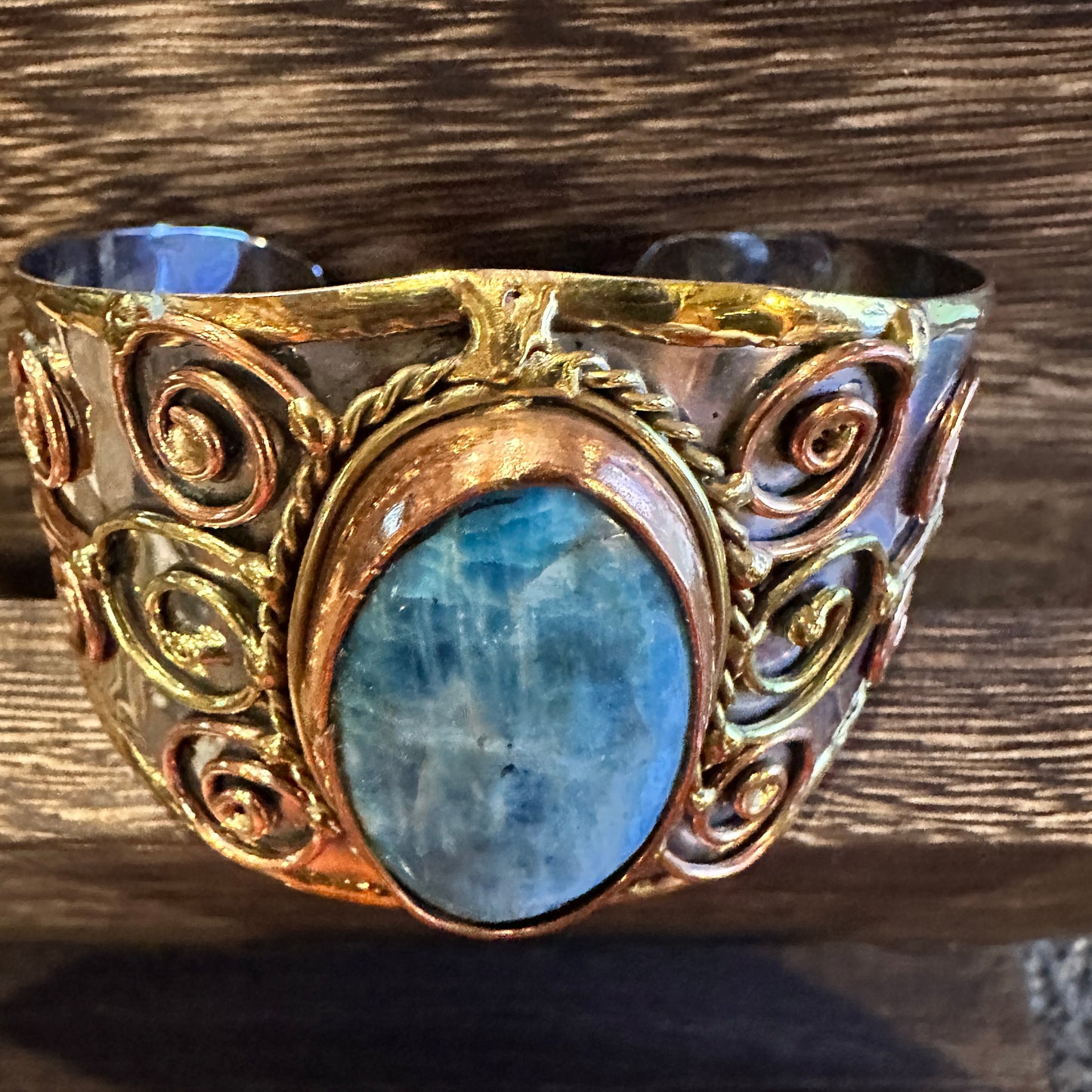 Artisan-Made 2-inch Wide Cuff Bracelet with Apatite Stone and Mixed Metals, Adjustable Design, Gift-Ready Packaging