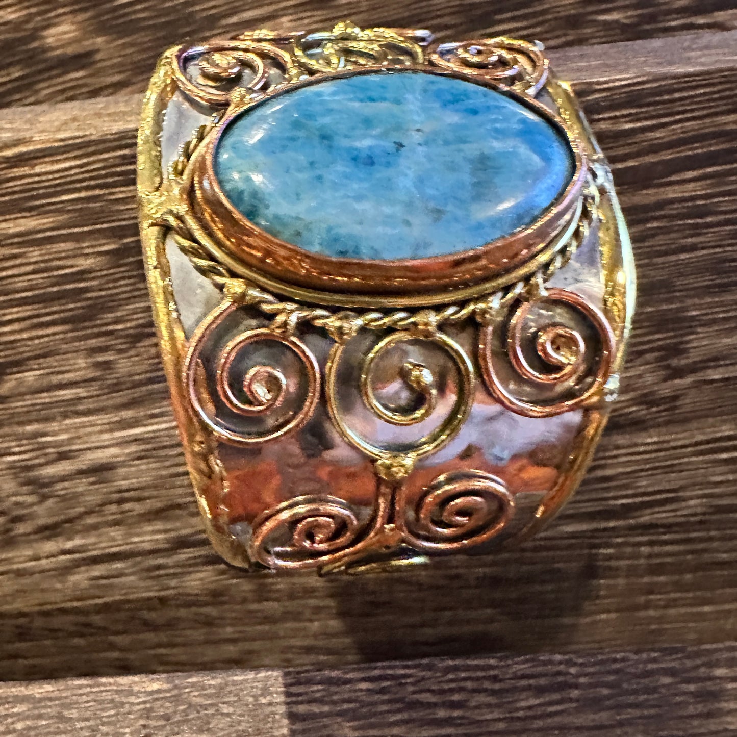 Artisan-Made 2-inch Wide Cuff Bracelet with Apatite Stone and Mixed Metals, Adjustable Design, Gift-Ready Packaging