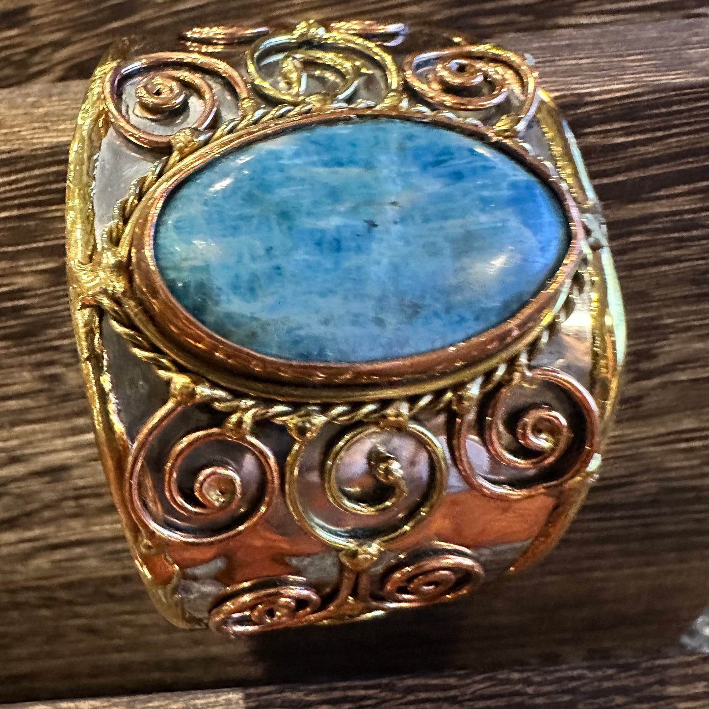 Artisan-Made 2-inch Wide Cuff Bracelet with Apatite Stone and Mixed Metals, Adjustable Design, Gift-Ready Packaging