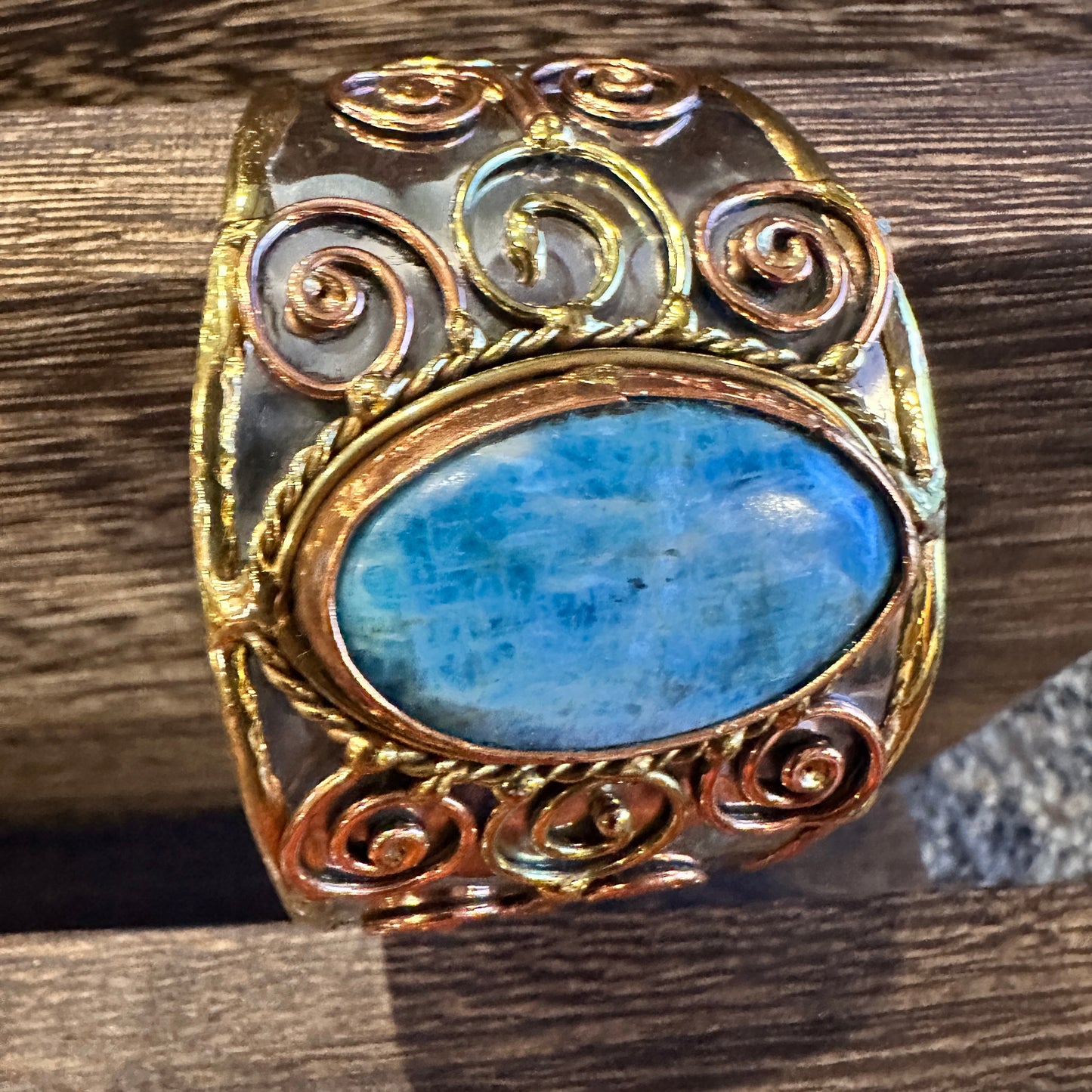Artisan-Made 2-inch Wide Cuff Bracelet with Apatite Stone and Mixed Metals, Adjustable Design, Gift-Ready Packaging