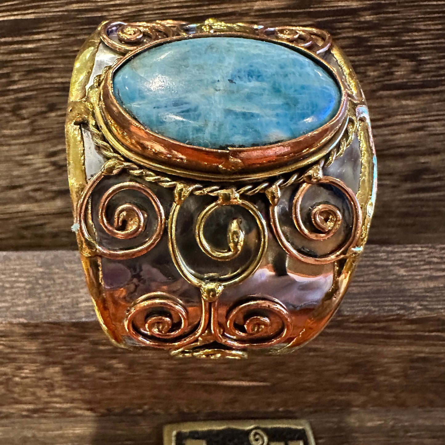 Artisan-Made 2-inch Wide Cuff Bracelet with Apatite Stone and Mixed Metals, Adjustable Design, Gift-Ready Packaging