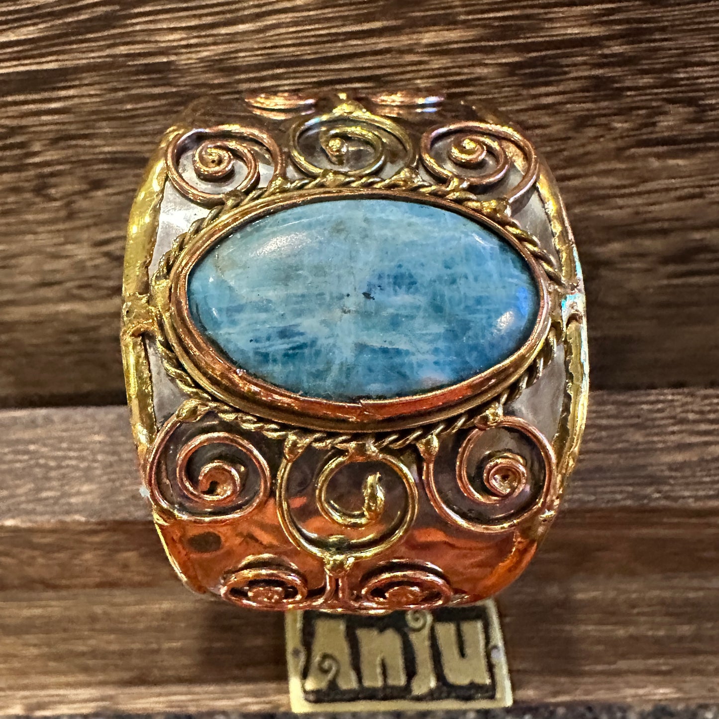 Artisan-Made 2-inch Wide Cuff Bracelet with Apatite Stone and Mixed Metals, Adjustable Design, Gift-Ready Packaging
