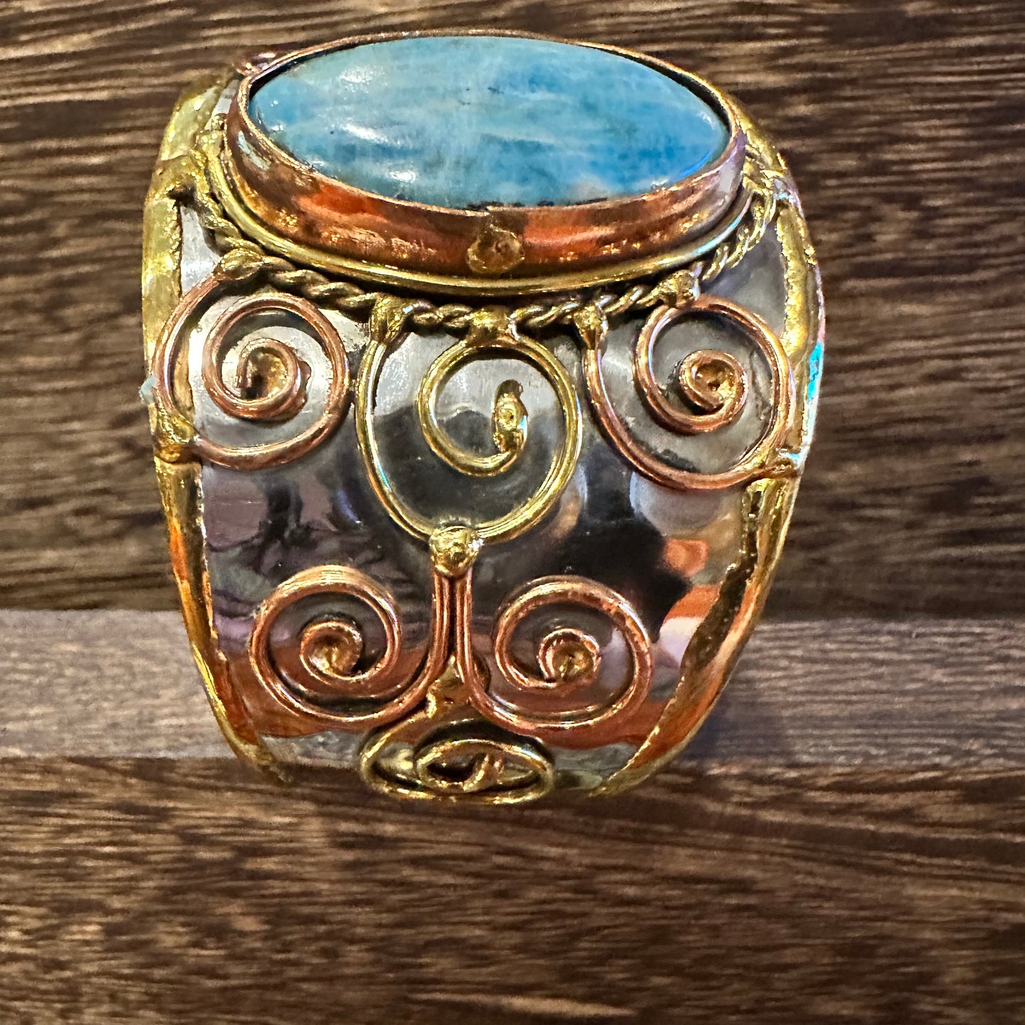 Artisan-Made 2-inch Wide Cuff Bracelet with Apatite Stone and Mixed Metals, Adjustable Design, Gift-Ready Packaging