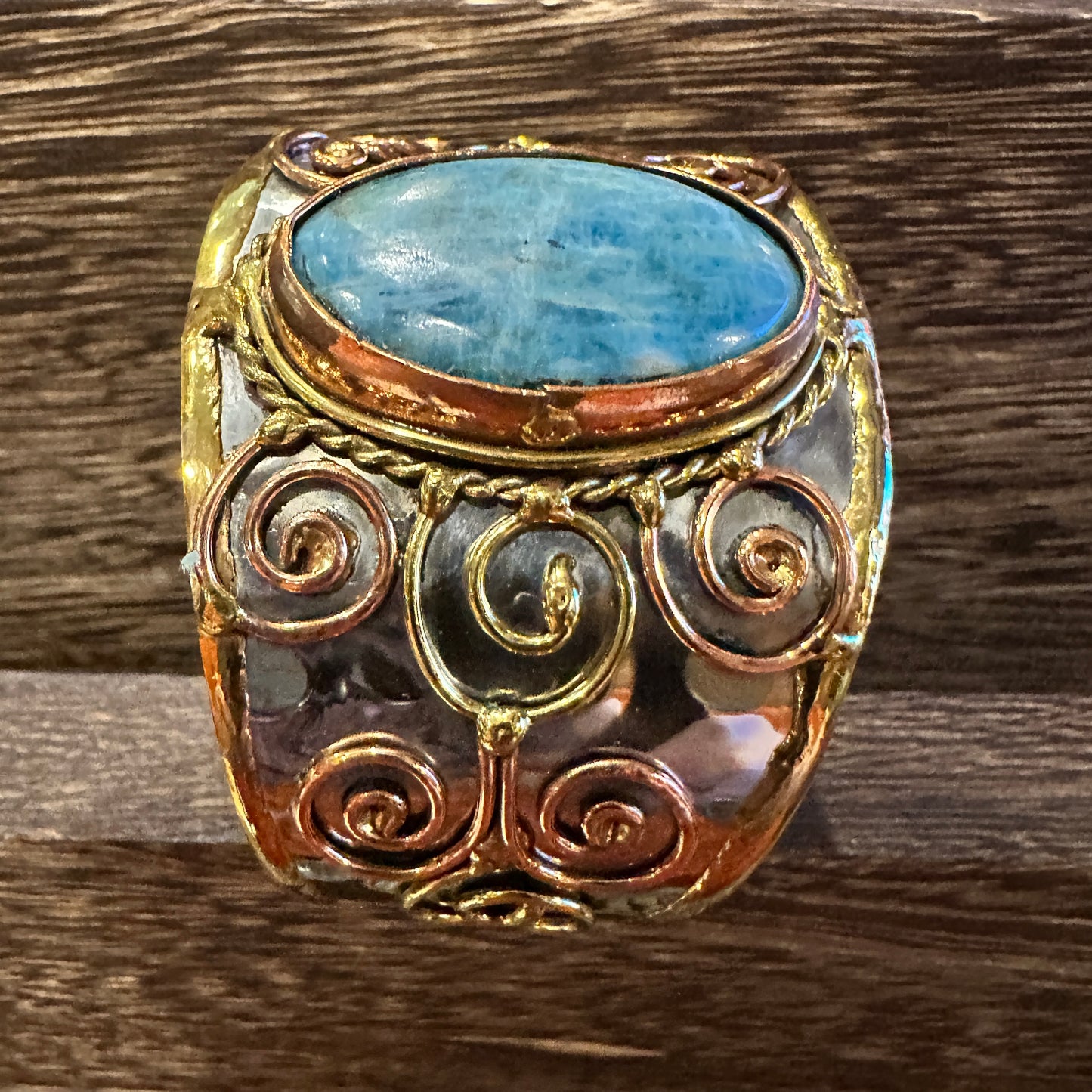 Artisan-Made 2-inch Wide Cuff Bracelet with Apatite Stone and Mixed Metals, Adjustable Design, Gift-Ready Packaging