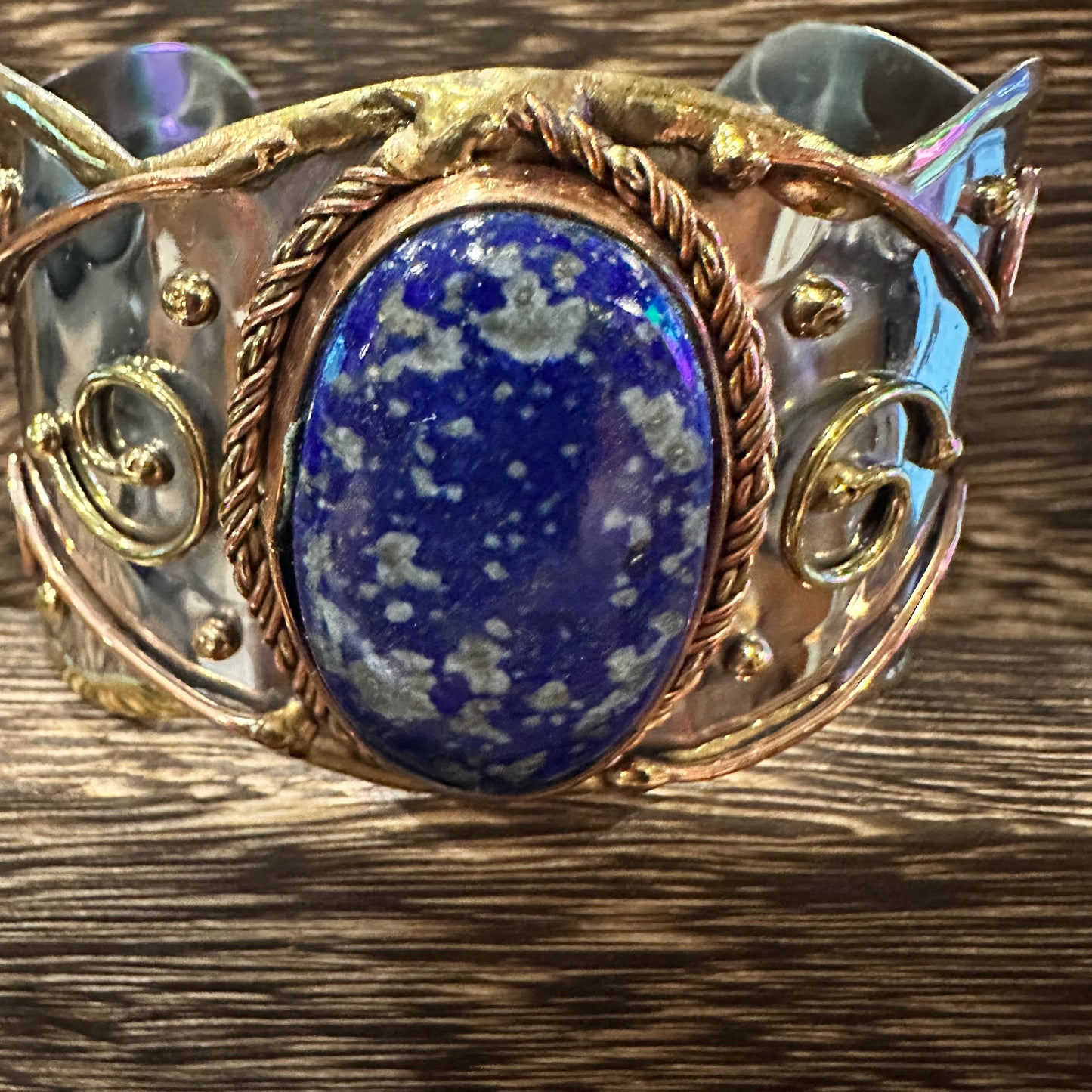 Artisan 2-Inch Wide Lapis Lazuli Cuff Bracelet, Adjustable Mixed Metals, Gift Ready