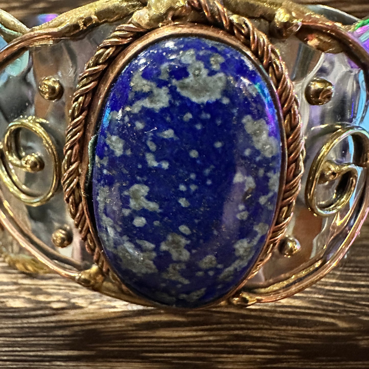 Artisan 2-Inch Wide Lapis Lazuli Cuff Bracelet, Adjustable Mixed Metals, Gift Ready