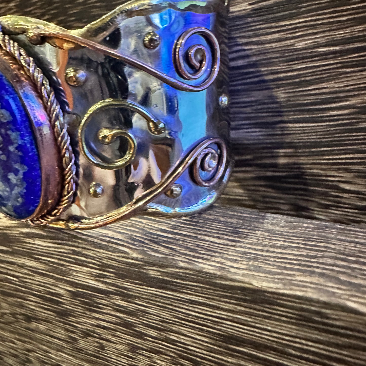 Artisan 2-Inch Wide Lapis Lazuli Cuff Bracelet, Adjustable Mixed Metals, Gift Ready